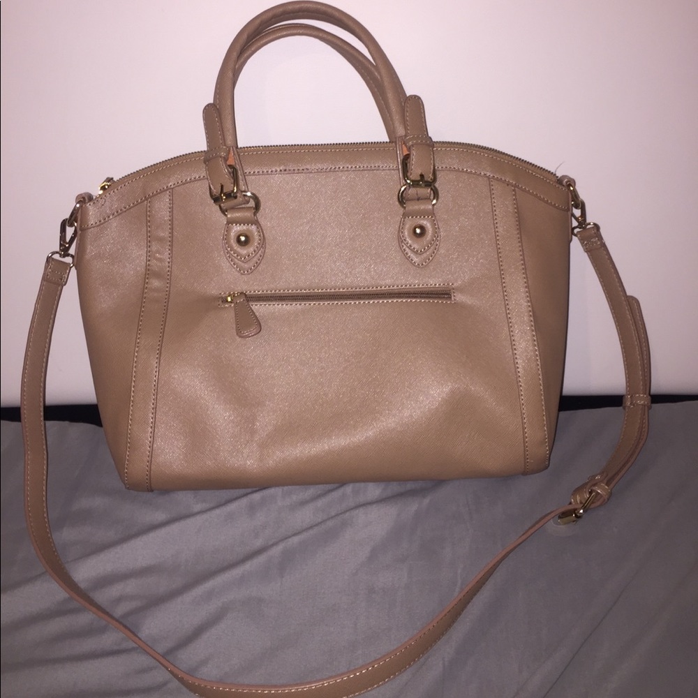 Large Genuine Saffiano leather Italian satchel. Lightweight gold tone hardware.